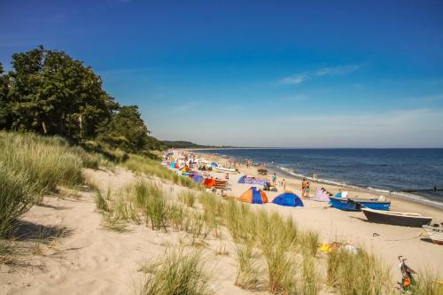 岑平Ferienwohnung Sonnenblick的一片海滩上有很多人,有遮阳伞