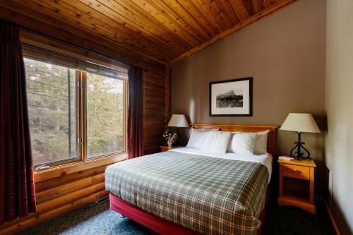 贾斯珀Miette Mountain Cabins的一间卧室设有一张床和一个大窗户