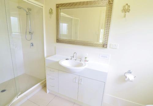 蒙特维尔Apple Tree Cottage Montville的一间带水槽、淋浴和镜子的浴室