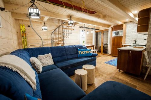 扎科帕内Domki Narciarskie Zakopane的一间带蓝色沙发的客厅和一间厨房