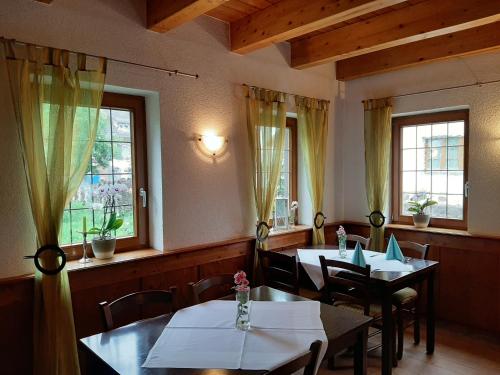 HohbergLinde Diersburg的餐厅设有2张桌子和椅子以及窗户。