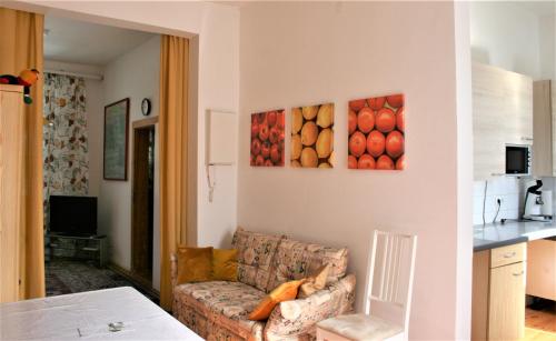 沃尔姆斯Kleiner Herrenhof的客厅配有沙发和墙上的绘画