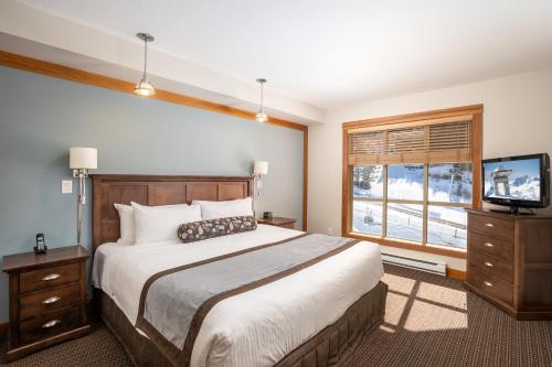 惠斯勒传奇酒店的一间卧室配有一张床、一台电视和一个窗口