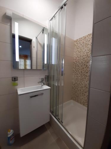 茨雷斯Guesthouse Villa Marija的带淋浴、盥洗盆和镜子的浴室