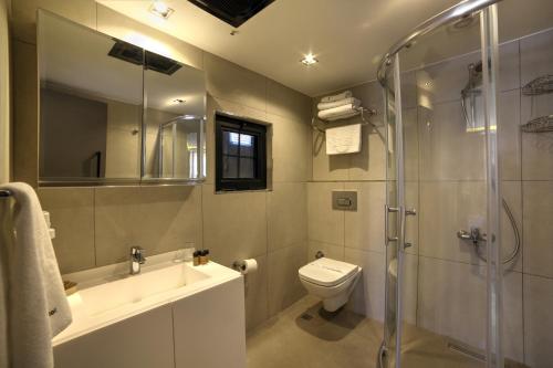 伊斯坦布尔The Capital Hotel的浴室配有卫生间、盥洗盆和淋浴。