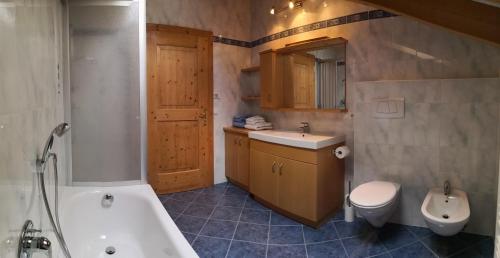 博尔扎诺Weingut Eberlehof的带浴缸、盥洗盆和卫生间的浴室