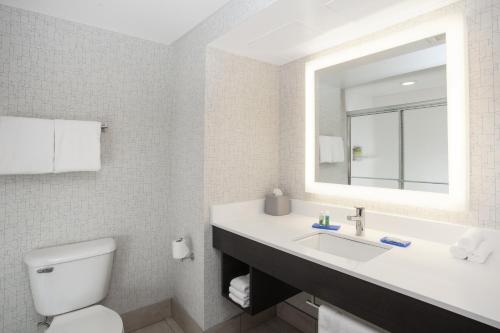 库尔佩珀Holiday Inn Express & Suites Culpeper, an IHG Hotel的一间带水槽、卫生间和镜子的浴室