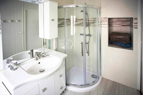 丰特奈勒孔特CosyHome du MARCHOUX的带淋浴和盥洗盆的白色浴室