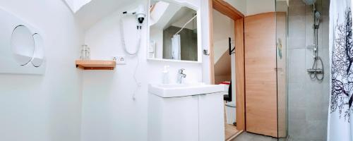 霍芬阿伯特科宾馆的白色的浴室设有水槽和淋浴。