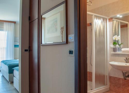 伊佐拉丽城度假酒店的一间带卫生间、水槽和镜子的浴室
