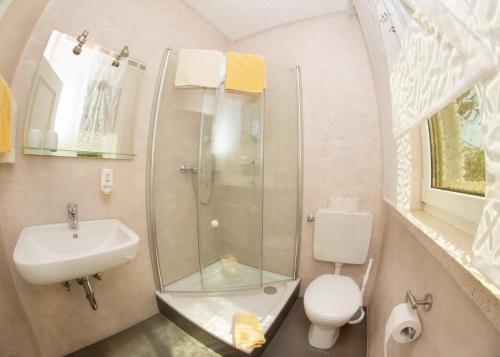 丁戈尔芬Pension Sigle的带淋浴、卫生间和盥洗盆的浴室