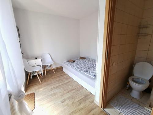 帕兰加Poilsis Dzūkų 10 A的浴室设有床和卫生间。