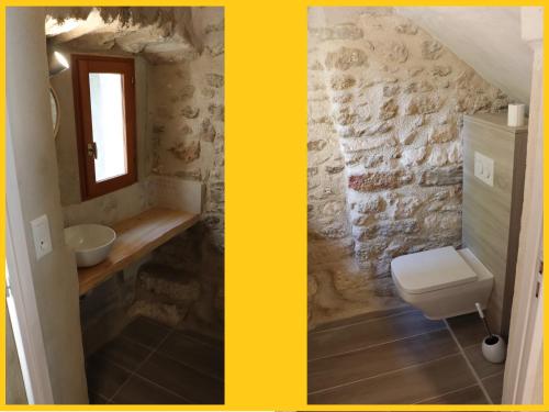 梅内尔伯L'Ensoleillée的浴室设有水槽和卫生间,两幅图片