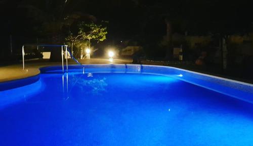 霍斯皮塔勒·德尔英福Beach Resort La Margarita的夜间大型蓝色游泳池