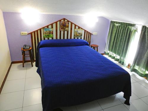 卡韦松·德·拉·萨尔维埃尔酒店的一间卧室配有一张带蓝色棉被的床