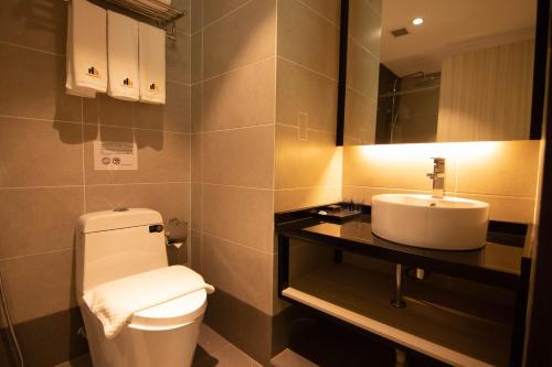 斯里巴加湾市Higher Hotel的一间带卫生间和水槽的浴室