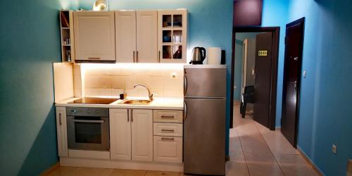 奥弗里安Apartment Oazis的厨房配有白色橱柜和不锈钢冰箱
