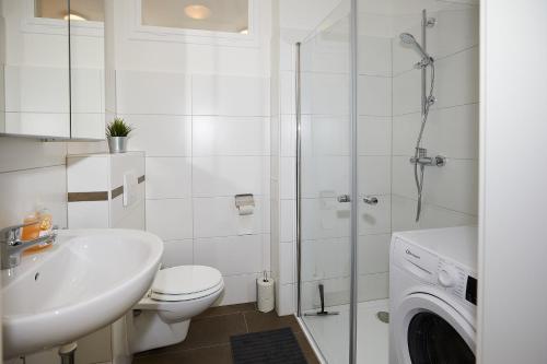 格拉茨Helle und gemütliche Wohnung in zentraler Lage的浴室配有卫生间、盥洗盆和洗衣机。