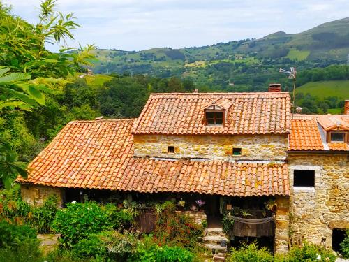 La CavadaApartamento en Plena Naturaleza的一座古老的石头房子,设有红色的瓦屋顶