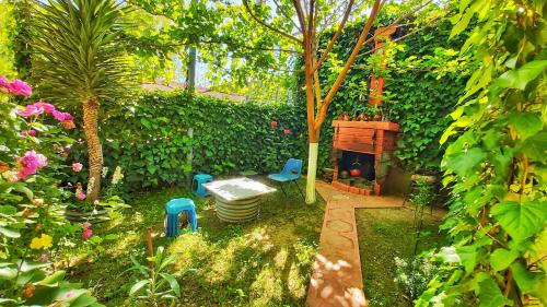 波格拉德茨Guest House Pogradeci的花园设有桌椅和植物