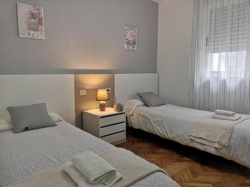 萨里亚Piso Camino de Santiago 2的一间卧室配有两张床和一张带台灯的桌子