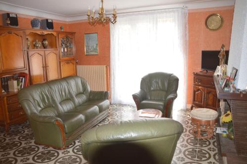 AzereixVILLA AUX PIEDS DES PYRENEES的客厅配有真皮沙发和两把椅子
