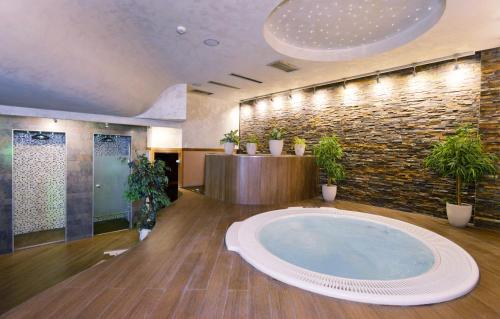诺维萨德Garni Hotel Aleksandar的大型浴室设有植物大浴缸