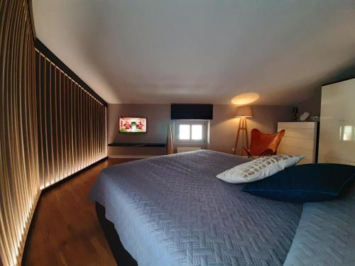 代森扎诺-德尔加达MoAA - Modern Art Apartment的一间卧室配有一张带蓝毯的床和一台电视