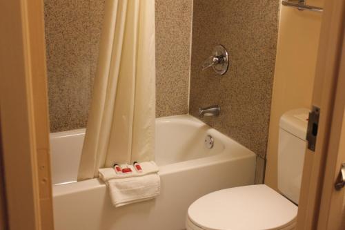 罗瑞尔罗瑞尔速8汽车旅馆的浴室配有卫生间、浴缸和水槽。