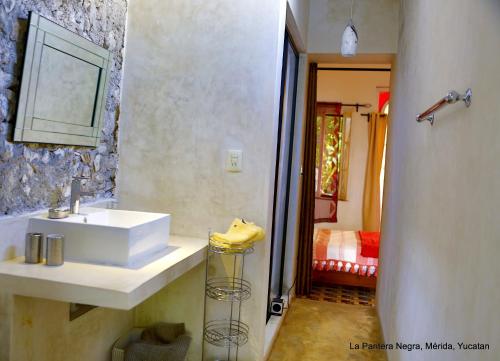梅里达拉潘特拉内格拉住宿加早餐旅馆的一间带水槽和镜子的浴室以及一间客房