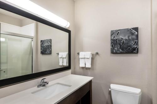 克莱尔莫尔La Quinta by Wyndham Claremore的一间带水槽、镜子和卫生间的浴室