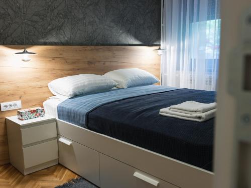 苏博蒂察My Space apartment的一间卧室配有一张带蓝色毯子和白色枕头的床。