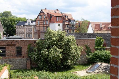 奎德林堡Ferienwohnungen Quedlinburg im Harz的砖墙享有城市美景