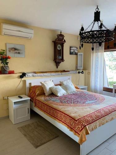 拉帕洛Lakshmi House的卧室配有一张大床,墙上挂着时钟