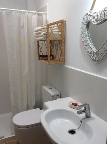 米乔尔海滩VIVIENDAS ES CARNATGE的一间带水槽、卫生间和镜子的浴室