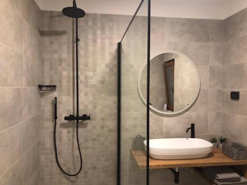 巴莱Apartments & Room Piutti的带淋浴、盥洗盆和镜子的浴室