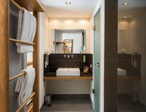 美因河畔法兰克福法兰克福曼豪斯斯坦德酒店的一间带水槽和镜子的浴室