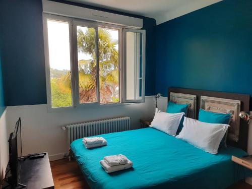 阿让VILLA SAINT VINCENT的蓝色的卧室设有床和窗户