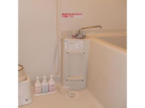 伊豆TOKINOSUMIKA HOTEL OLIVE NO KI - Vacation STAY 83613的浴室设有水槽,地板上配有2瓶水。