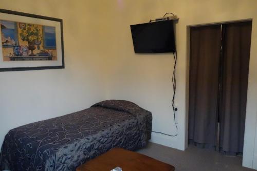 亨特利NZ庄园美景酒店的卧室配有一张床,墙上配有电视