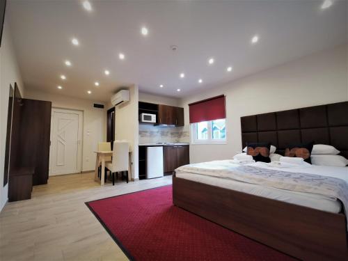 韦赖谢吉哈兹Termál Apartmanház的一间大卧室,配有一张大床和红色地毯