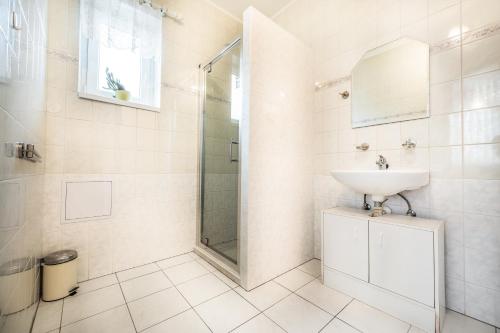Mikulčice优科斯泰拉旅馆的白色的浴室设有水槽和淋浴。