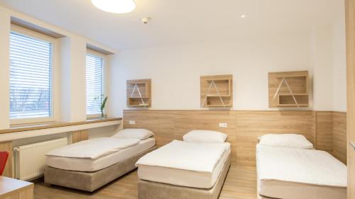 梅明根A2 Boarding House Memmingen的客房设有三张床、一张桌子和窗户。