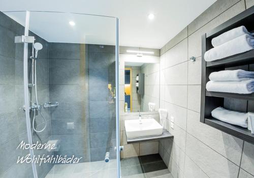 罗森海姆MY HOME MY HOTEL Rosenheim的带淋浴、盥洗盆和镜子的浴室