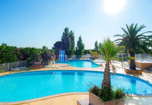 维克拉加尔迪奥勒L europe的一座大型游泳池,拥有两棵棕榈树和一个喷泉