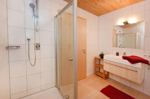 施科佩尔瑙帕诺拉玛霍夫恩格酒店的带淋浴和盥洗盆的浴室