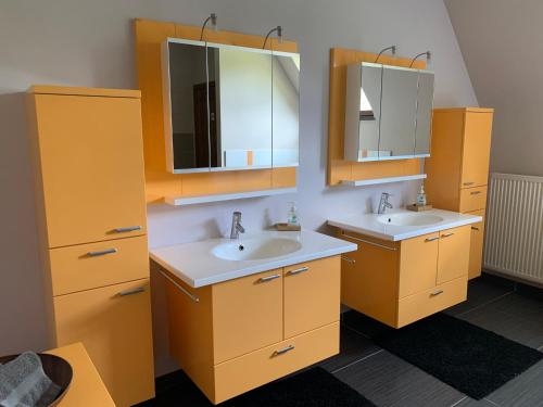 HelecineCHAPEAUVEAU Gîte - b&b - Events的浴室设有2个水槽和2面镜子