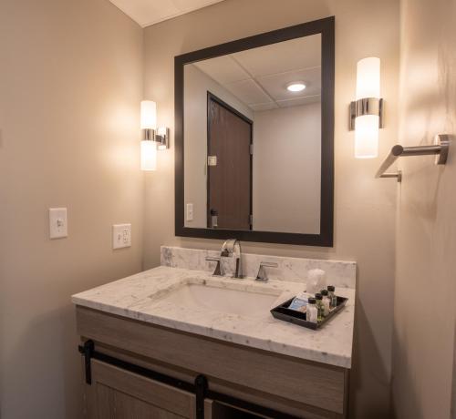 马凯特Superior Stay Hotel的一间带水槽和大镜子的浴室
