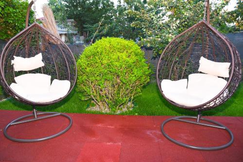 苏利纳Delta Est Hotel & Restaurant的两把带白色枕头的挂椅(位于院子内)