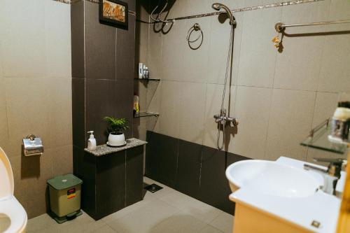 顺化Kota's House Homestay的带淋浴和盥洗盆的浴室